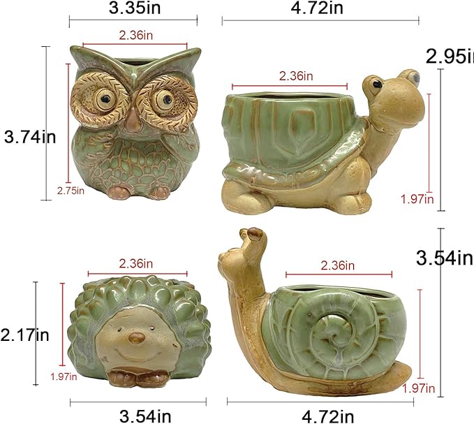 Small Ceramic Succulent Pot with Drainage, Animal Succulent Planter, 4.4 Inch Flower Pots, for Flower, Cactus, Mini Succulent Plants, Indoor and Outdoor use, Set of 4 Garden Gift