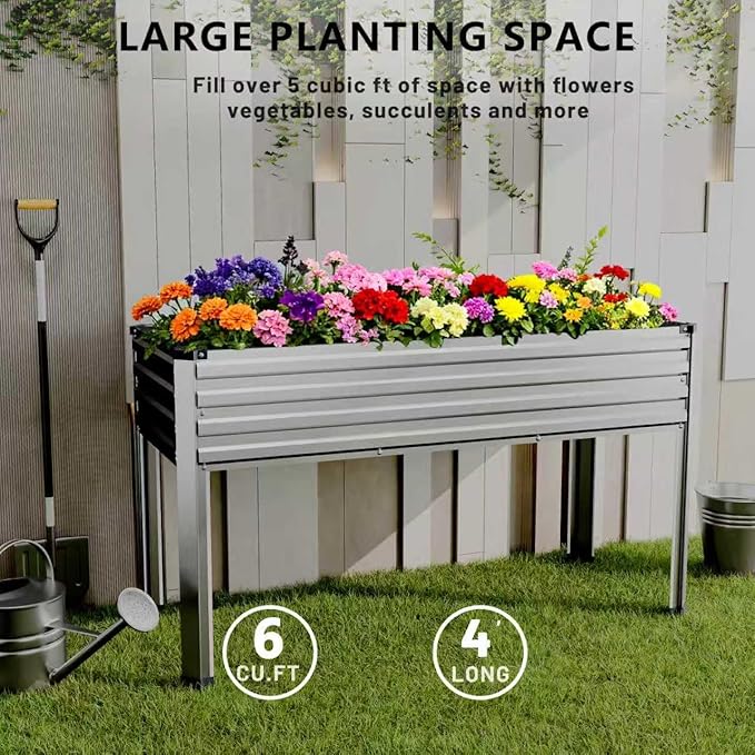 Vengarus Galvanized Raised Garden Bed Outdoor with Legs,48×18×30in Metal Elevated Raised Planter Box for Backyard, Patio, Balcony, 300lb Capacity,Silver(2PCS)