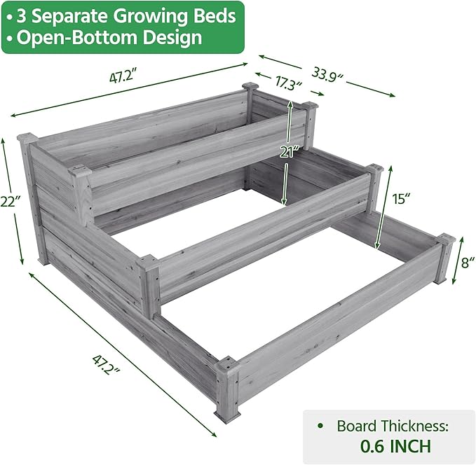Yaheetech 3 Tier 47 x 47 x 22in Raised Garden Bed Horticulture Outdoor Elevated Flower Box Tiered Garden Bed Wooden Vegetables Growing Planter for Backyard/Patio/Gardener, Gray