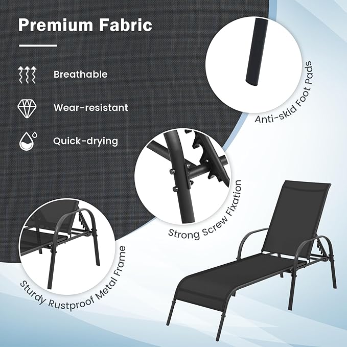Giantex Patio Lounge Chair, Outdoor Chaise Lounge with 5 Adjustable Backrest, Sturdy Steel Frame, Sunbathing Recliner, Beach Chair, Tanning Chair for Outside, Yard, Balcony, Pool Chairs, Black