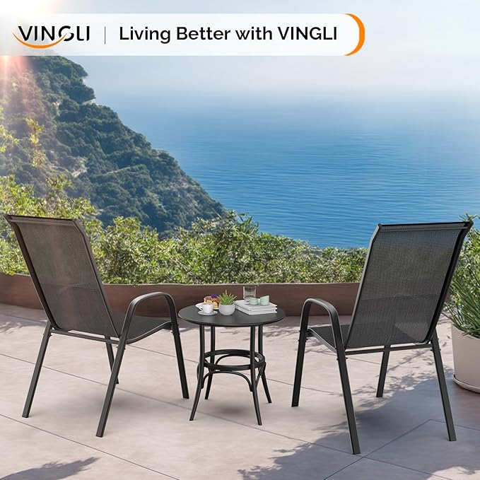 VINGLI Patio Chairs Set of 8 – Stackable Outdoor Dining Chairs with Comfortable Sling High Back Chairs and Armrests for Lawn, Poolside, Courtyard, Balcony, Garden, Black