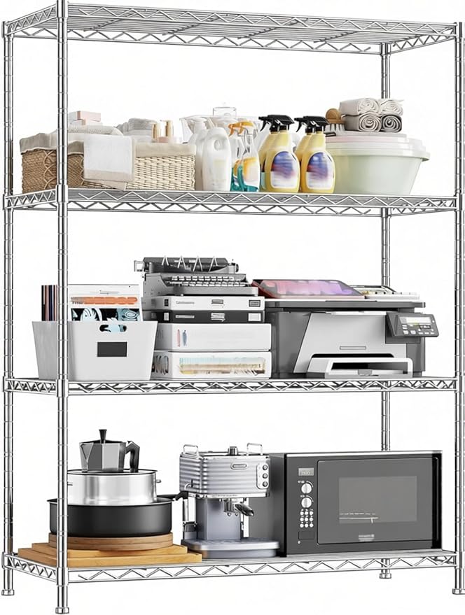 Xcity Storage Shelves, 4 Tier Heavy Duty Metal Shelving Unit with Wheels, 1600 LBS Capacity Adjustable Steel Wire Shelf Organizer for Pantry, Kitchen, Garage, 18" D x 36" W x 60" H, Chrome