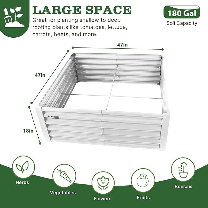 A ANLEOLIFE 4X4X1.5 ft Galvanized Raised Garden Beds Outdoor, Square Metal Planter Box for Planting Vegetables Flowers Herb, Anti-Rust & Easy-Setup, Antique White