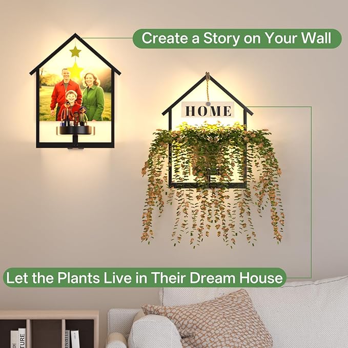 Wall Planters for Indoor Plants with Lights, 2 Pack House Shape Plant Shelves, Anti-Rust Hanging Wall Plant Holder with Warm Light for Home Decor Indoor Outdoor, Entryway Housewarming/Wedding