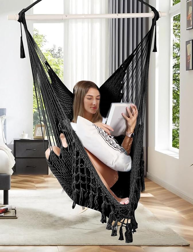 Chihee Hammock Chair Super Large Soft-Spun Cotton Rope Weaving Hanging Chair, Collapsible Strong Metal Spreader Bar Wide Seat Lace Stretch Swing Chairs Indoor Outdoor Garden Yard Theme Decoration