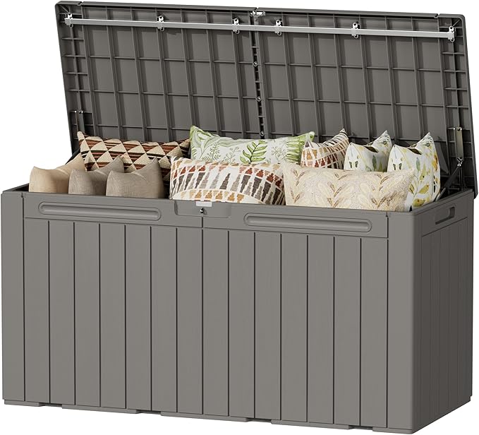 Devoko 100 Gallon Outdoor Storage Box, Waterproof Resin Deck Box for Patio Furniture, Lockable Container for Garden Cushions & Pool Supplies (Light Brown, 100 Gallon)
