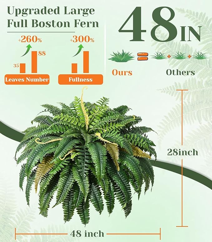 Set of 2 Large Autumn 88 Leaves Artificial Ferns for Outdoors Look Real, Fake Faux Boston Ferns for Outdoor Planter Realistic UV Resistant Artificial Fake Plants for Porch Patio Hanging 47 inch