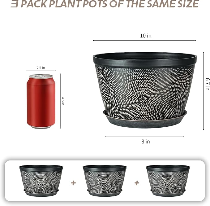 Quarut 10 Inch Flower Pots for Outdoor Indoor, 3 Pack Plastic Plant Pots with Drainage Hole & Tray, Modern Decorative Garden Pot with Saucer, planters for House (Brown)