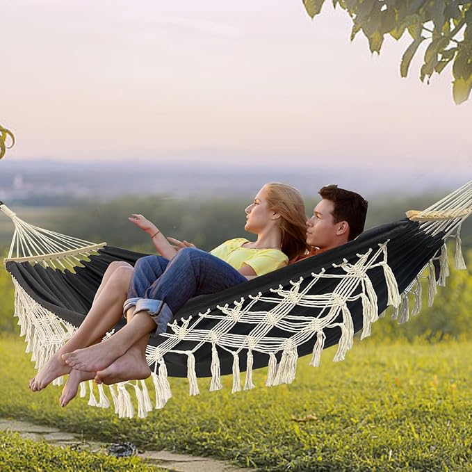 Hammock Hanging Swing Double Max 500lbs Macrame for Indoor Outdoor Patio Yard Garden (Black Gray)