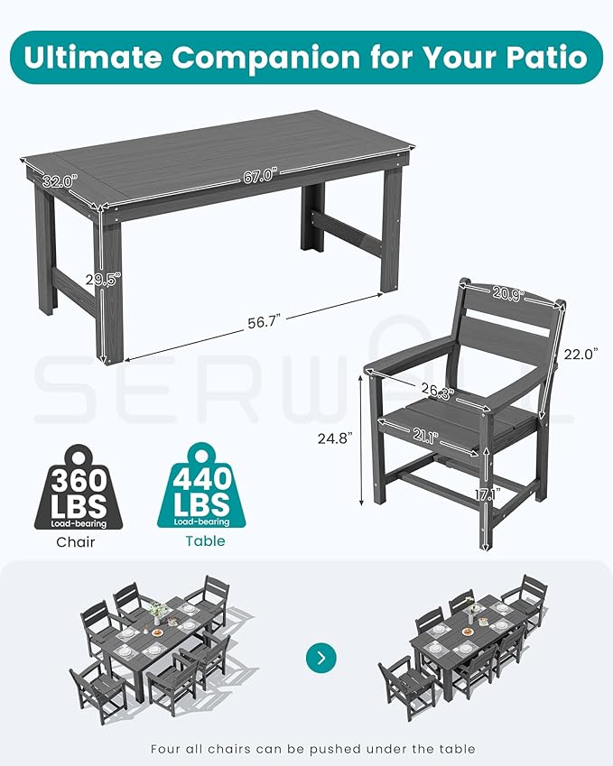 SERWALL Outdoor Dining Table Set, 67‘’ HDPE Patio Dining Set for 4, All-Weather Outdoor Table and Chairs Set for Deck, Grey