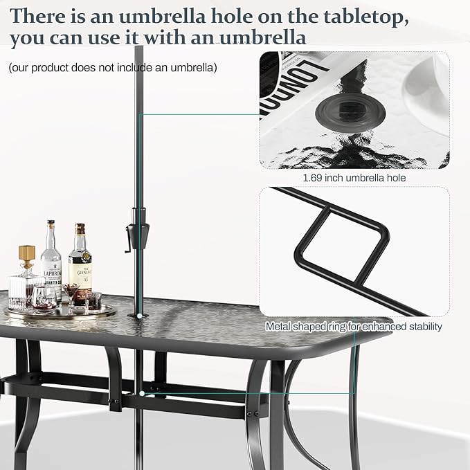 TLSUNNY 7 Pieces Patio Dining Set, Outdoor Table and Chairs W/1.69″ Umbrella Hole, 30"X 55" Table and Stackable Textilene Chair, All Weather Patio Furniture Set (Umbrella not Included)