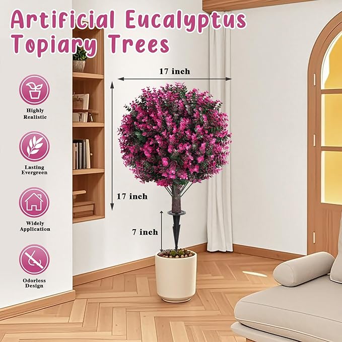 Artificial Topiary Tree with Pink Eucalyptus, Set of 2 Artificial Shrub Bushes with Ground Spike, Fake Evergreen Tree for Porch, Artificial Plants for Outdoor Planters Indoor UV Resist