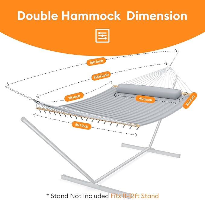 Double Hammock with Spreader Bar & Pillow, Portable 500lbs Capacity for Outdoor, Camping, Patio, Backyard Relaxation,Gray