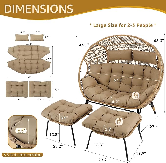 NICESOUL Indoor Outdoor Double Egg Chair with Footstools & 6.5" Thick Cushions, Oversized Wicker Egg Shaped Chair with Footrest, Stationary 2 Seater Comfy Loveseat for Patio Backyard Garden Sunroom