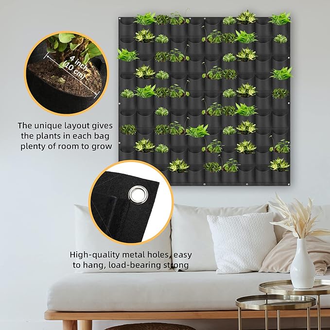 Hanging Planting Grow Bags, 90 Pockets Wall Planter Wall Mounted Grow Bag Outdoor Indoor Gardening Vertical Greening Flower Container, Planting Bags Storage Bags(1.1 m × 1.1 m, Black)