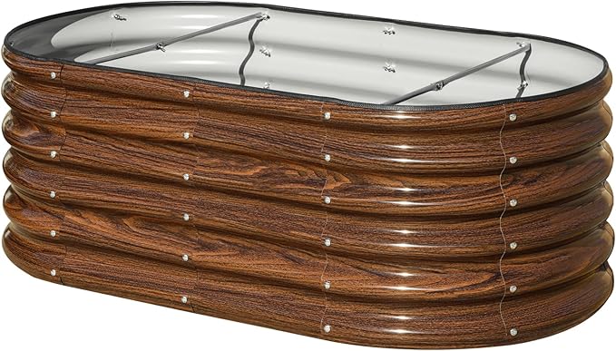 SnugNiture 4x2x1.5ft Raised Garden Bed Outdoor, 17" Tall Galvanized Metal Planter Box, Oval Raised Garden Bed Kit for Planting Vegetables Plants Fruits, Brown