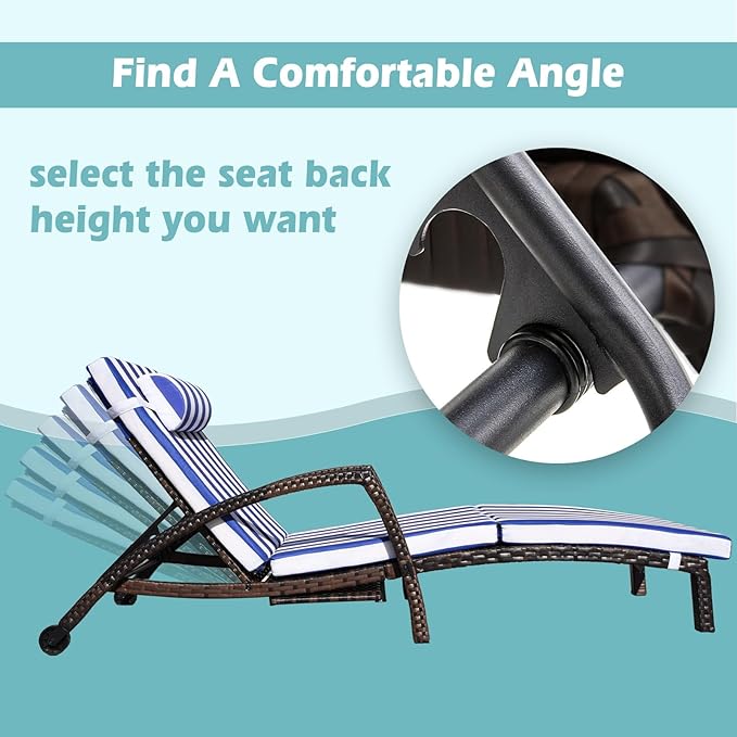 Chaise Lounge Chairs Outdoor Set of 2, Comfy Outside Wicker Patio Pool Lounge Chair w/ 5 Adjustable Back Angle, Cup Holder, Thicken Cushion