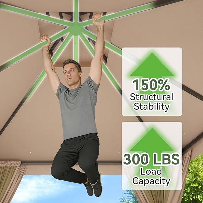 AOXUN Outdoor Gazebo for Patio 8x8 Metal Frame Canopy with Double Roofs Heavy Duty Party Tent and Shelter with Mosquito Netting and Privacy Screen for Backyard, Lawn, Garden, Deck (Khaki)