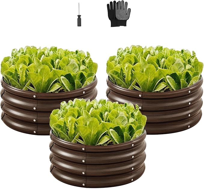 VEVOR 3 Pcs 2x2x1ft Round Galvanized Raised Garden Bed Kit, Outdoor Metal Raised Beds for Gardening Vegetables, Easy Assembly Garden Planter Box for Flowers Fruits with Open Base