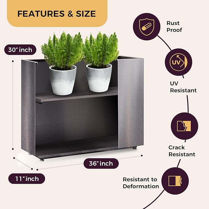 Tall & Long Corten Steel Style Planter with Middle Shelf, 36W x 11D x 30H Large Rectangular Outdoor Planter Box, Paint-free Metal Garden Planter for Patio, Yard, Balcony | Easy 5-Min Assembly, Rust