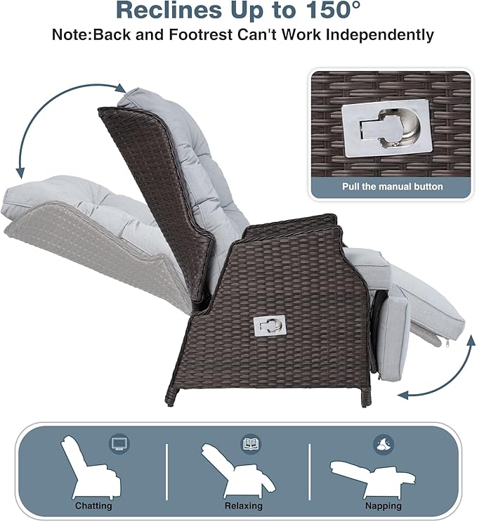 Outdoor Indoor Wicker Recliner with Adjustable Back and Footrest, Patio Reclining Chair with Flip-up Table, Outdoor Rattan Lounge Chair, Light Grey 2PCS