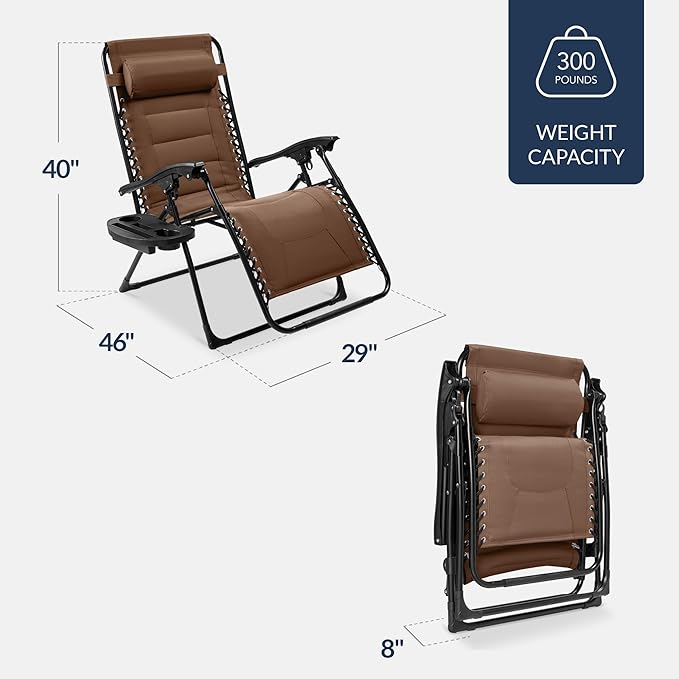 Best Choice Products Oversized Padded Zero Gravity Chair, Folding Outdoor Patio Recliner, XL Anti Gravity Lounger for Backyard w/Headrest, Cup Holder, Side Tray, Polyester Mesh - Dark Brown