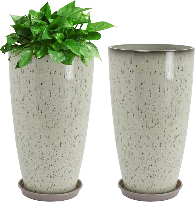 Set of 2 Lightweight Ceramic-Look Tall Planter, 21 inch Large Plastic Planter with Drain Hole & Saucers, Large Outdoor Planters for Porch, Garden, Patio, Balcony(Glaze Beige)