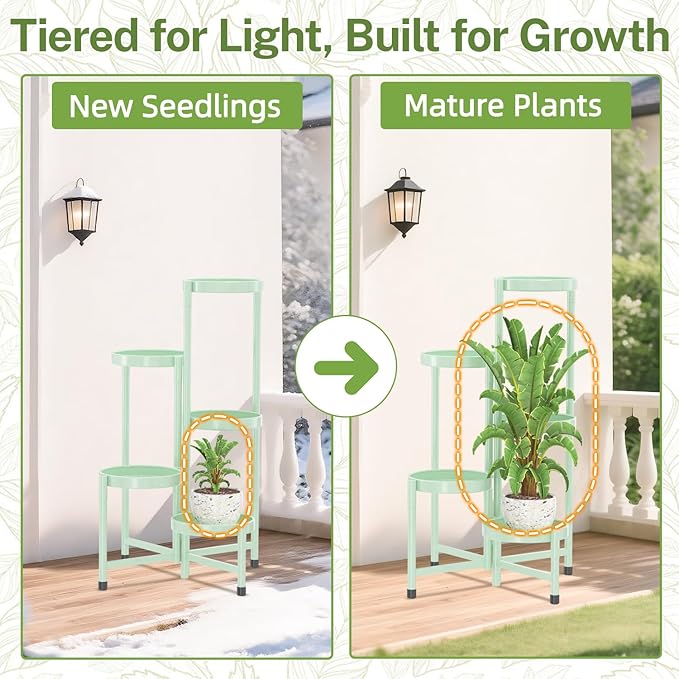 iDavosic.ly Plant Stand Indoor Outdoor, 5 Tier Corner Metal Flower Display Holder Shelf, Easy Assembly Folding Tall Orchid Rack for Patio Balcony Porch Garden Living Room House, Light Green