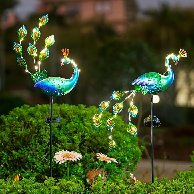 DREAMSOUL Peacock Solar Lights Outdoor 2 Pack, Waterproof Outdoor Solar Lights for Yard Pathway Peacock Garden Decor