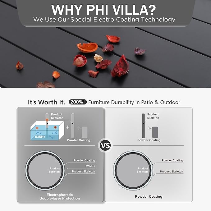 PHI VILLA 6-Person Outdoor Metal Steel Slat Dining Rectangle Table with Adjustable Umbrella Hole, Weather-Resistant for Patio Outdoor Use, Black