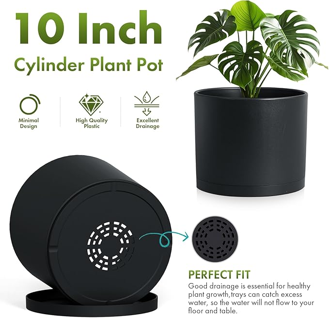 10 Inch Round Plastic Plant Pot with Drainage Holes and Saucer, Wide Flower Pots for Indoor & Outdoor Plants– 7.9" Tall Modern Cylinder Planter Pot for House Plants and Home Decorative, Matte Black