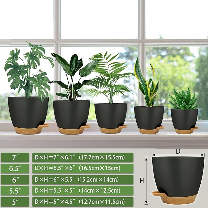 Self Watering Planters with Drainage Holes Reservoir,Nursery Planting Pot for Indoor Decor Garden Plants Succulents,Snake Plant, African Violet,Plastic Flower Pots Set 7+6.5+6+5.5+5 Inch (Black)