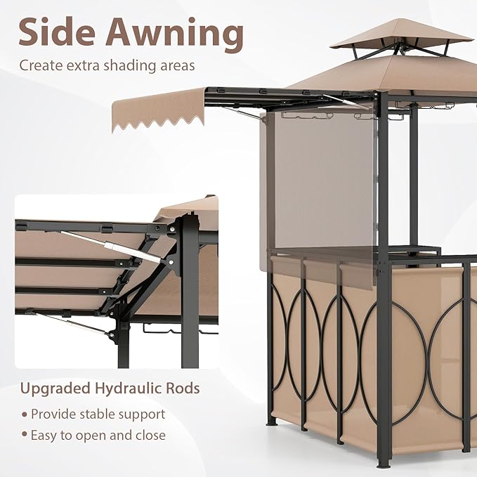 Tangkula 3 Piece Patio Bar Set, Grill Gazebo & 2 Foldable Bar Stools with Awning, Metal Storage Shelves, Glass Holders, Double-Tier Outdoor Shelter for Patio Poolside Garden Backyard (Coffee)
