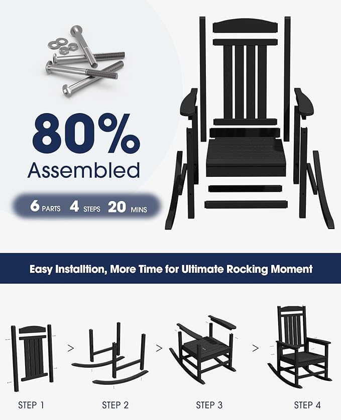 KINGYES Outdoor Rocking Chair Set of 4, High Density Polyethylene Patio Rocking Chairs with 330lbs Support for Adults, Black