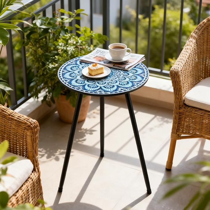 2 Packs Metal Mosaic Round Side Tables 13.4" Small Outdoor Patio Round Accent Coffee Tables Indoor Corner Stand for Small Spaces Weather-Resistant for Balcony, Porch Plant Stands Indoor, Blue Mosaic