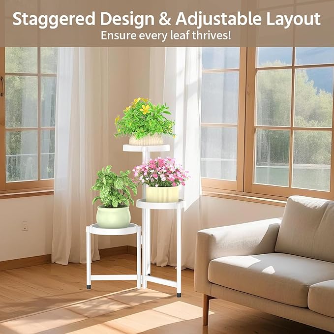 LASZOLA 3 Tiered Folding Plant Stand Indoor for Multiple Large Planter, Tall Heavy Duty Adjustable Rack with Rust Proof Plastic Shelving, Sturdy Vertical Tree Organizer for Narrow Inside Floor, White