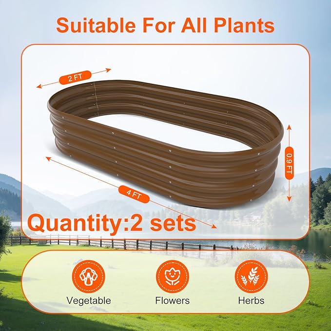 Raised Garden Bed Outdoor 2 Sets Oval Large Coating Metal Planter Box with No Heavy Metal for Vegetables, Flowers, Herbs