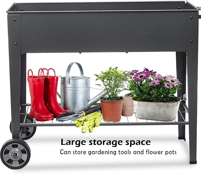 31.5" Tall Raised Garden Bed with Wheels, Extra 15.7" W Planter Box (400 lbs Loads) with Storage Shelf & Handle,Heavy Duty Metal Garden Planter for Vegetables, Herbs & Flowers, Patio & Balcony