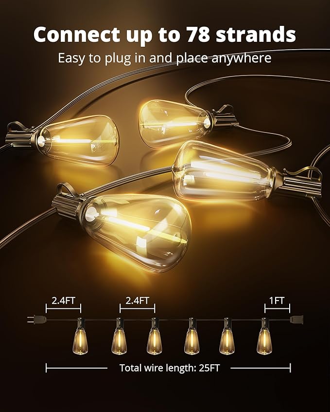 VIPAR Outdoor String Lights 25FT LED Patio Lights IPX5 Waterproof with 10+1 ST38 Shatterproof Edison Bulbs, 2700K Connectable Outside Hanging Light for Porch, Garden, Backyard, Deck, Balcony, Decor
