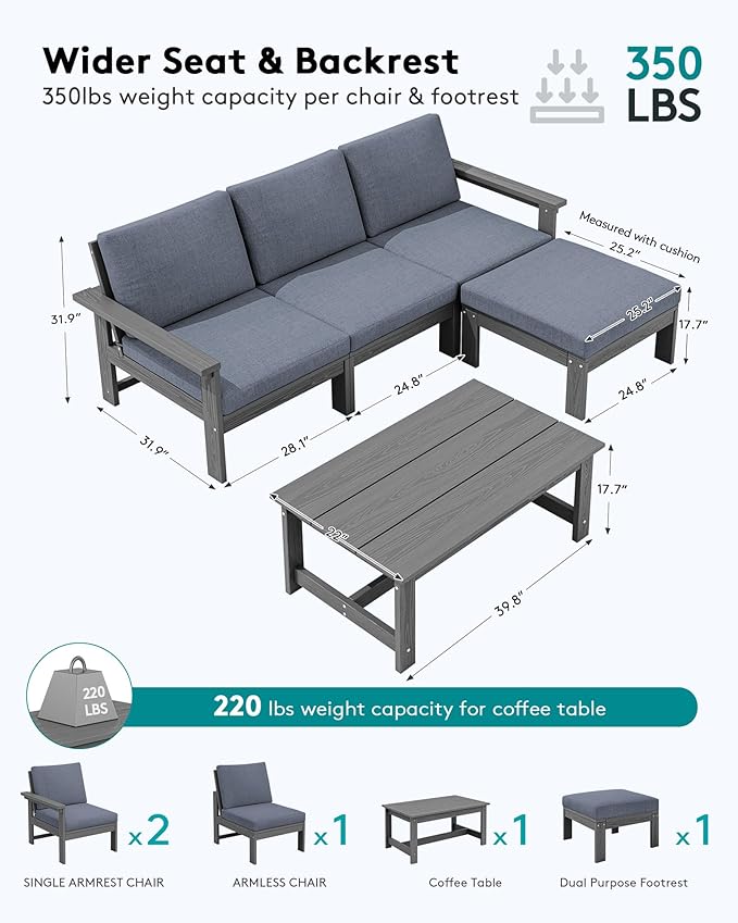 SERWALL Outdoor Sectional Sofa Set, 5-piece Outdoor Modula Couch Set with Ottoman, All Weather Patio Furniture Set with Chaise for Deck, Lawn, Gray Frame with Gray Cushion