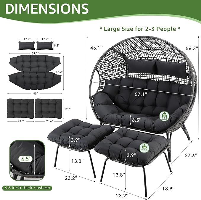 NICESOUL Luxury Double Egg Chair with Footrest & Cushions, Two Person Wicker Eggshell Chair Large with Ottoman, 2 Person Loveseat Comfort Deep Seating for Interiors Exteriors Balcony Dark Gray