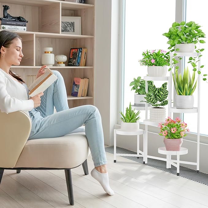 iDavosic.ly Plant Stand Indoor Outdoor, 8 Tier Corner Metal Flower Display Holder Shelf, Easy Assembly Folding Tall Orchid Rack for Patio Balcony Porch Garden Living Room House, White