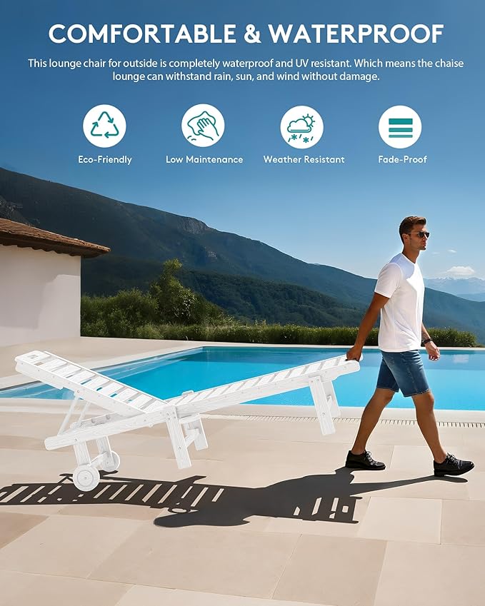 SERWALL Outdoor Chaise Lounge Set of 6, HDPE Pool Lounge Chair with 5-Position Adjustable Backrest, Patio Lounger with Rolling Wheels & Cup Holder for Pool, White