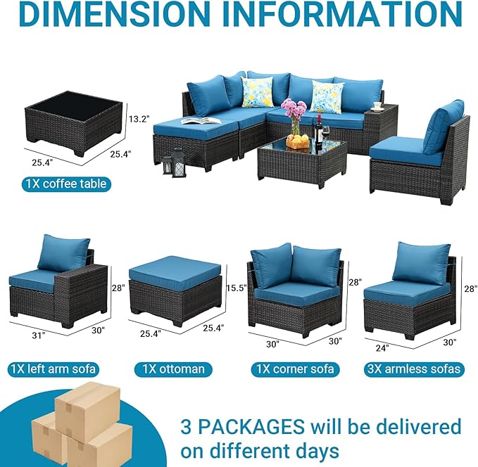 Jing's Villa 7-Piece Patio Furniture Set, All-Weather Outdoor Wicker Sectional Sofa with Cushions, Tempered Glass Table & Ottoman, Rattan Conversation Seating for Porch, Garden, Backyard,Peacock Blue