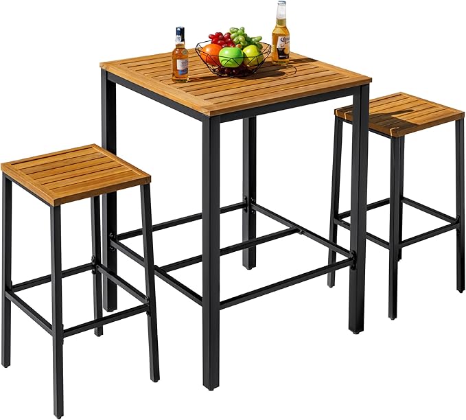 Devoko Acacia Wood Outdoor Patio Bar Set for 2, Square Counter Height Table with 2 Stools, Dining Bar Set for Garden, Deck, Pool Side, Dining Room, Kitchen, Living Room