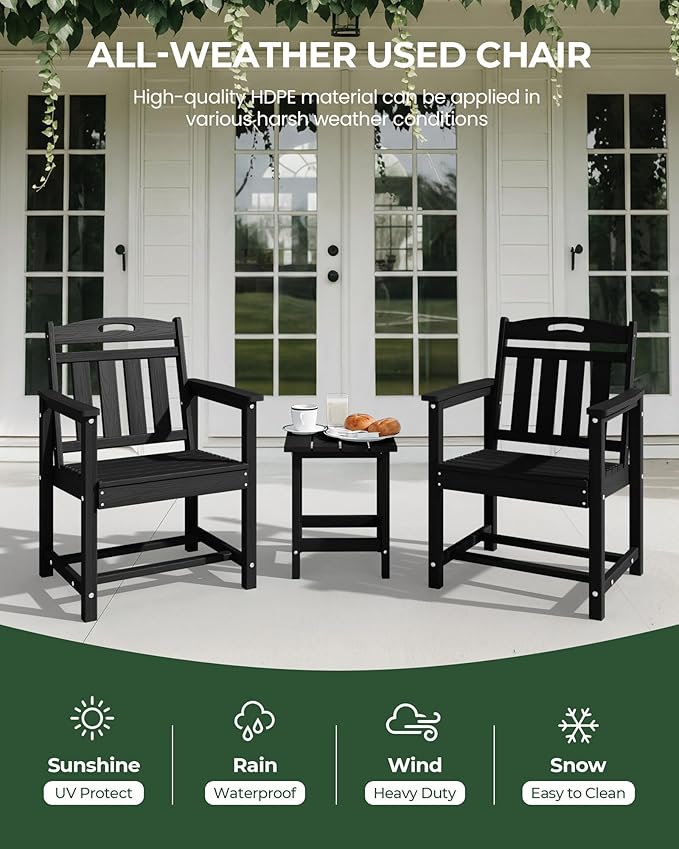 Set of 2 Weatherproof Patio Chairs - HDPE Outdoor Dining Chairs with Wide Seat, Ergonomic Design - for Garden, Backyard, Deck - Black