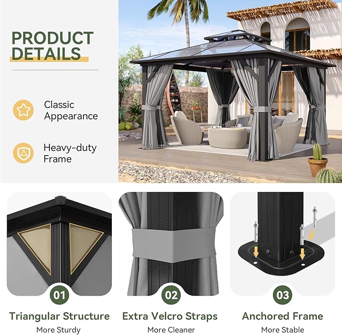 Aoxun 12'x12' Hardtop Gazebo, Aluminum Frame Permanent Pavilion with Curtains and Netting, Outdoor Polycarbonate Double Roof Canopy, Designed for Garden, Lawns, Patio, Gray