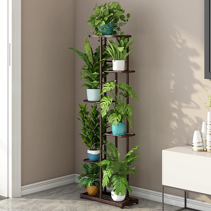 LINZINAR Plant Stand Metal 6 Tier 7 Potted Multiple Flower Pot Holder Shelf Indoor Outdoor Planter Display Shelving Unit for Patio Garden Corner Balcony Living Room Bronze