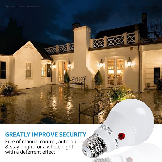 TORCHSTAR Dusk to Dawn Light Bulbs Outdoor, Sensor A19 LED Light Bulb, Auto on/Off Photocell Automatic for Outdoor Lighting, 2700K, Pack of 4