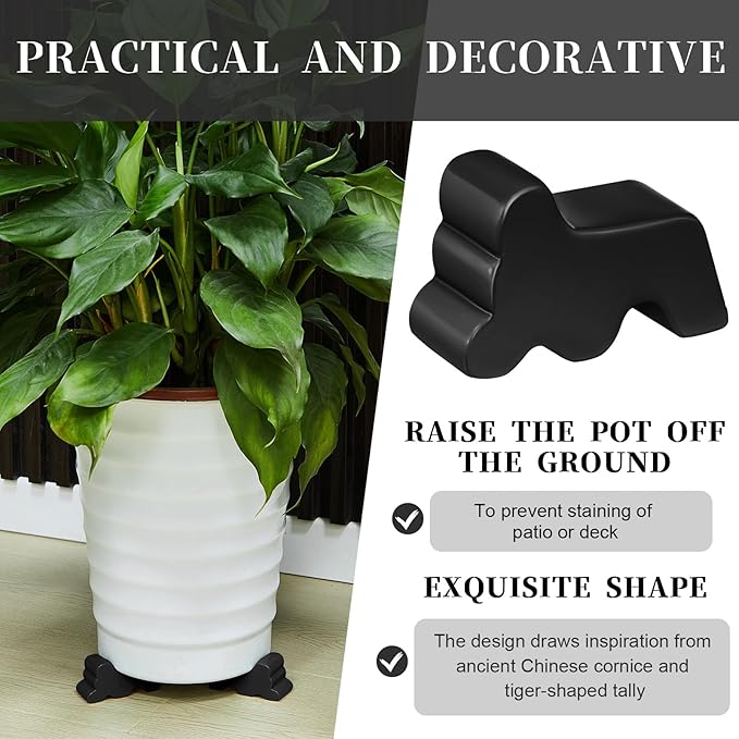 Kigeli 6 Pcs Resin Garden Pot Feet for Outdoor Planters 3 Inch Long 1.5 Inch Tall Flower Handmade Elevator Plant Feet Frost Proof Lifter for 14-20 in Pot(Black)